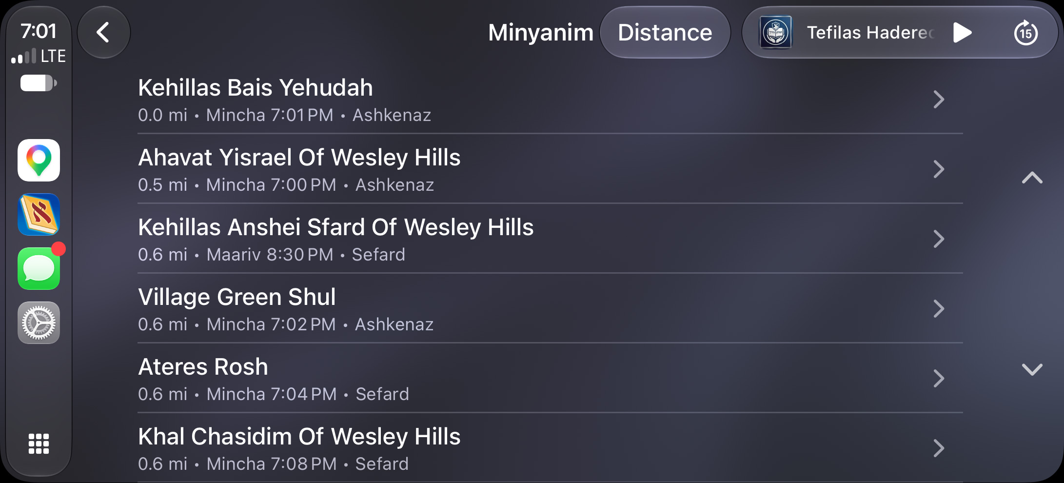 iOS Siddur CarPlay minyanim
